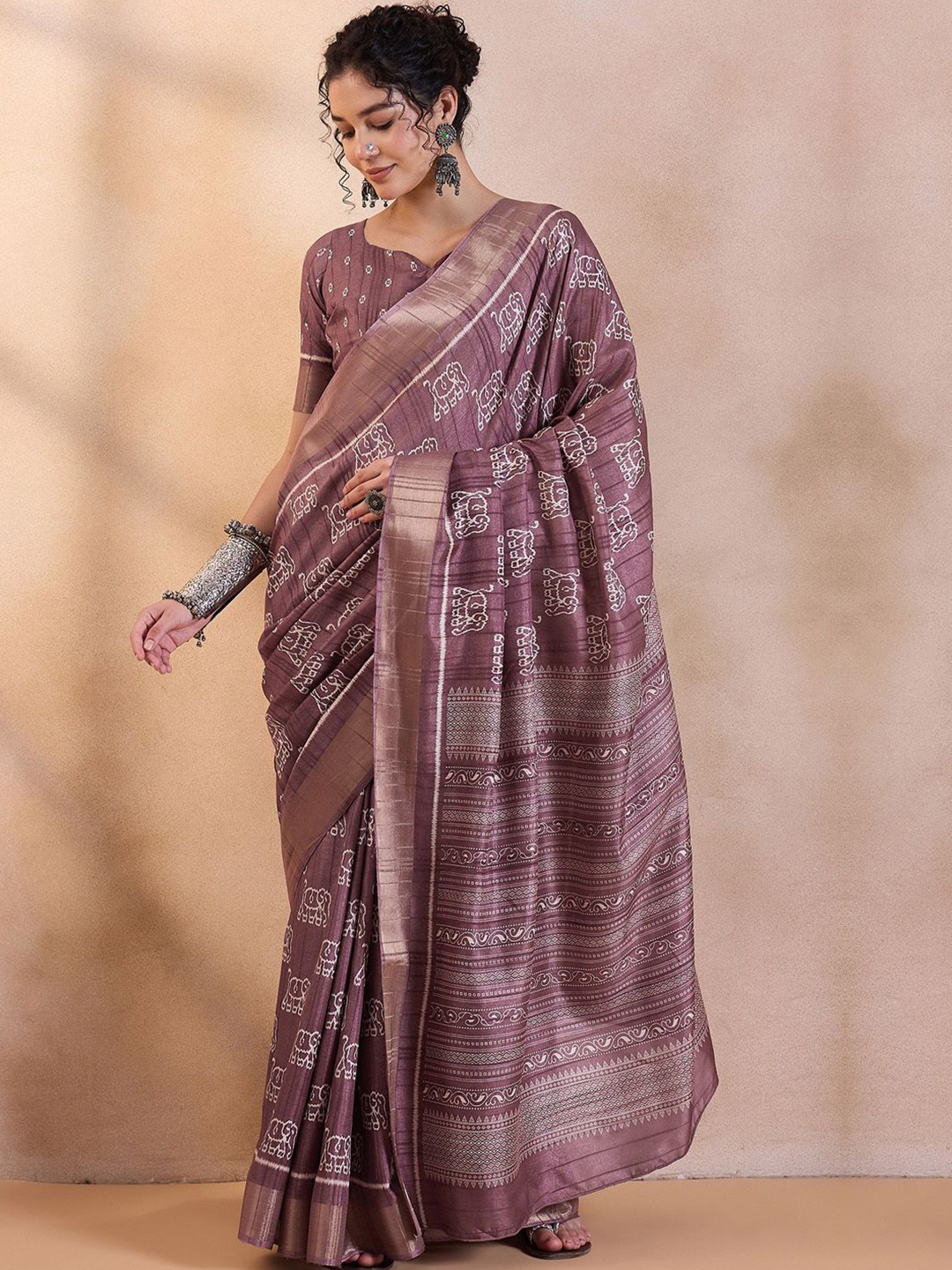 

House of Pataudi Kalamkari Printed Sungudi Saree, Mauve