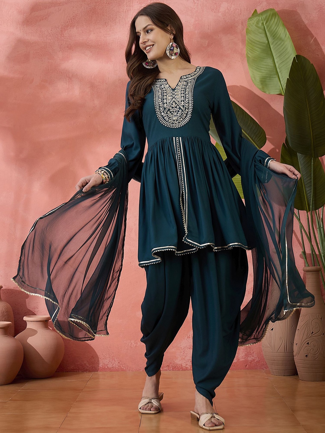 

Sangria Teal Floral Embroidered Gotta Patti Anarkali Kurti With Dhoti Pant And Dupatta
