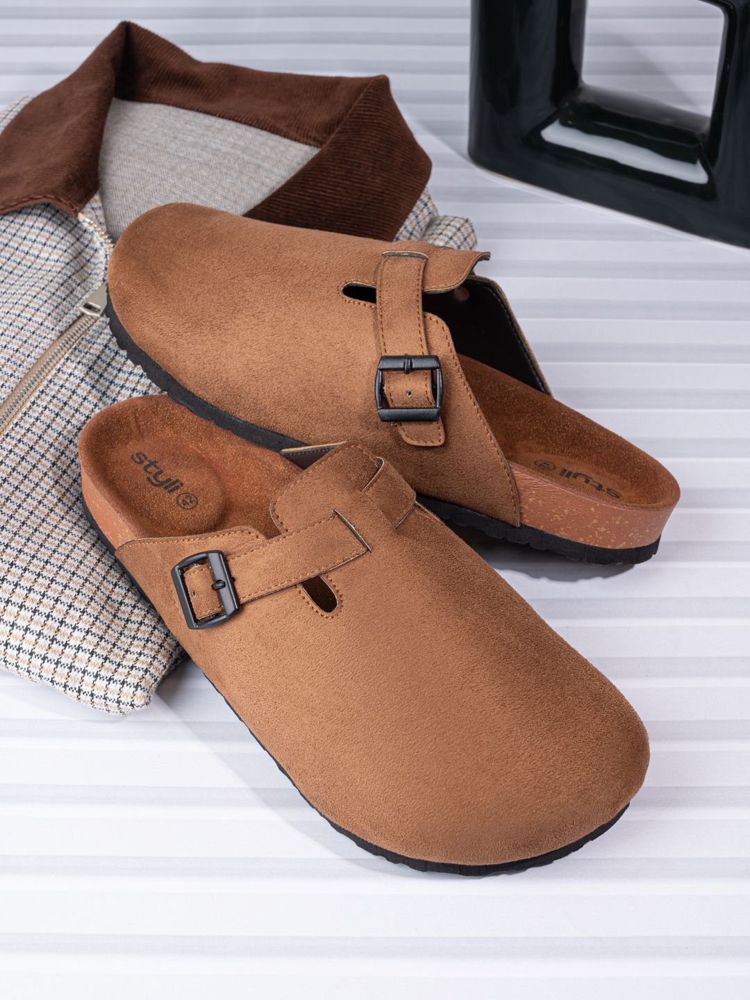 

Styli Men Faux Suede Clogs with Buckle Detail, Beige