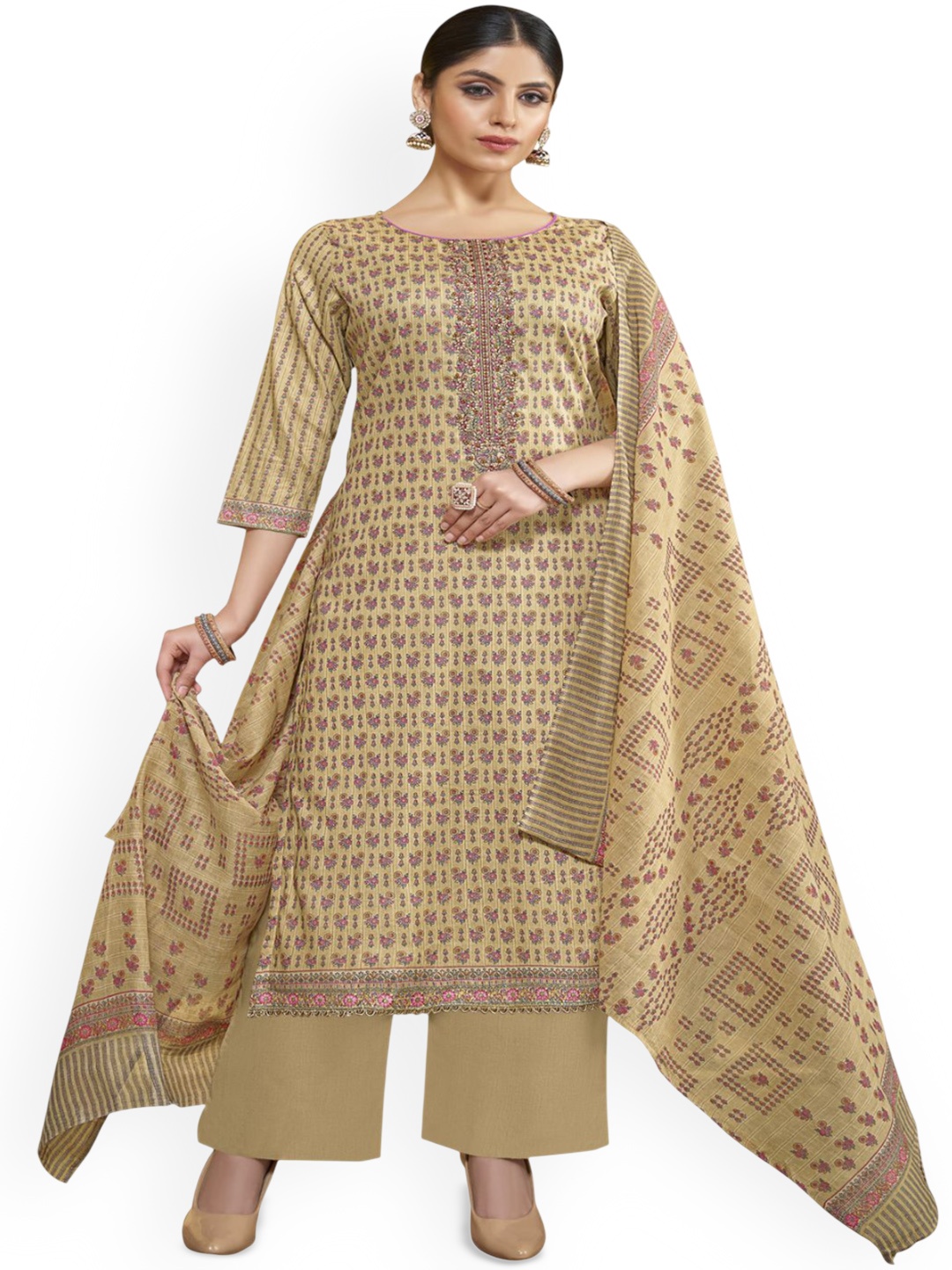 

DRAVINAM Trends Embroidered Pure Cotton Unstitched Dress Material, Beige