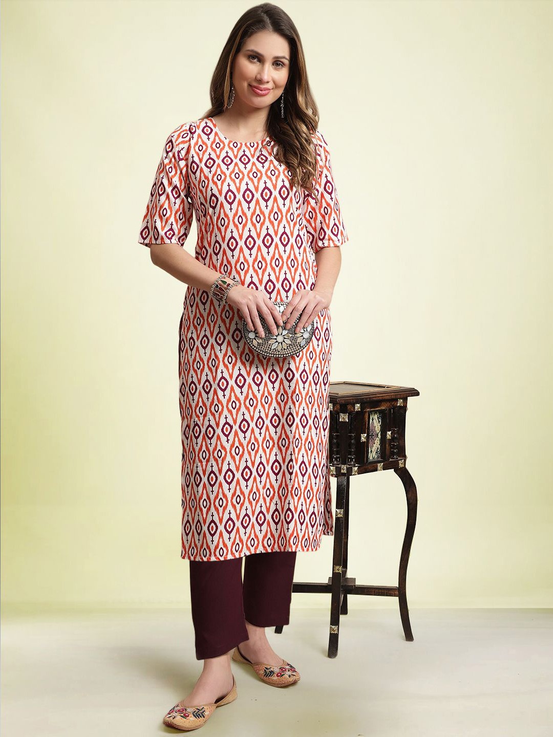 

Moda Rapido Geometric Printed Round Neck Straight Kurta With Trouser, White