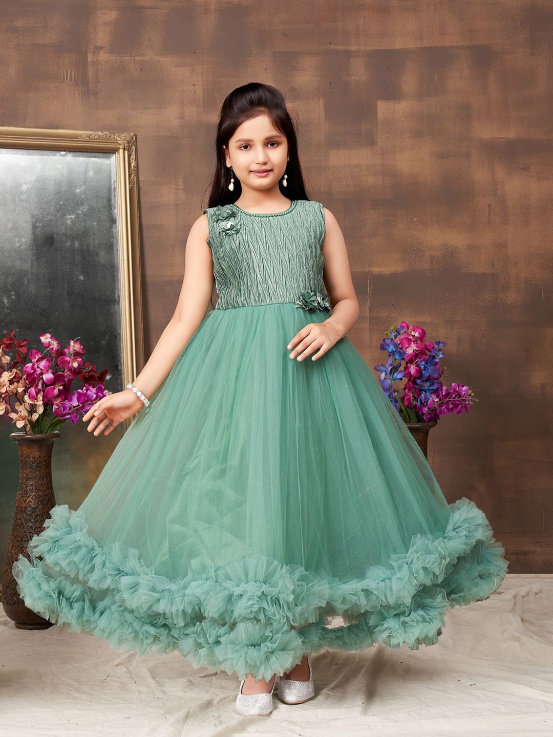 

Sangria Girls Embellished Self Design Net Gown, Green