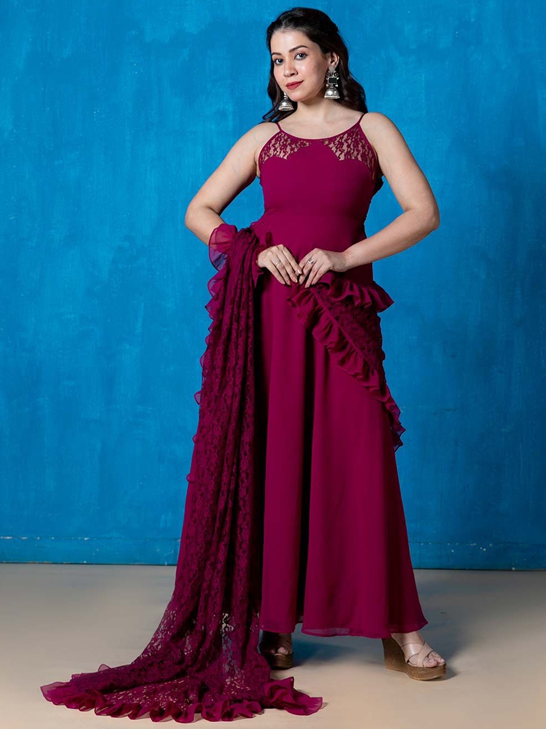 

NUD Sleeveless Round Neck Georgette Anarkali Kurta With Dupatta, Pink