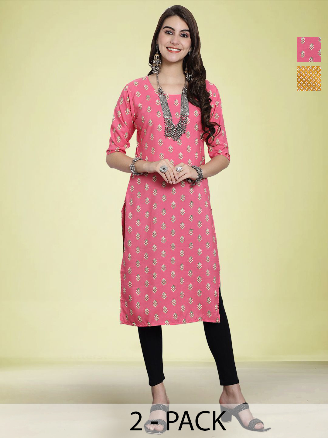 

Moda Rapido Women Pack Of 2 Printed Round Neck Straight Kurtas, Pink