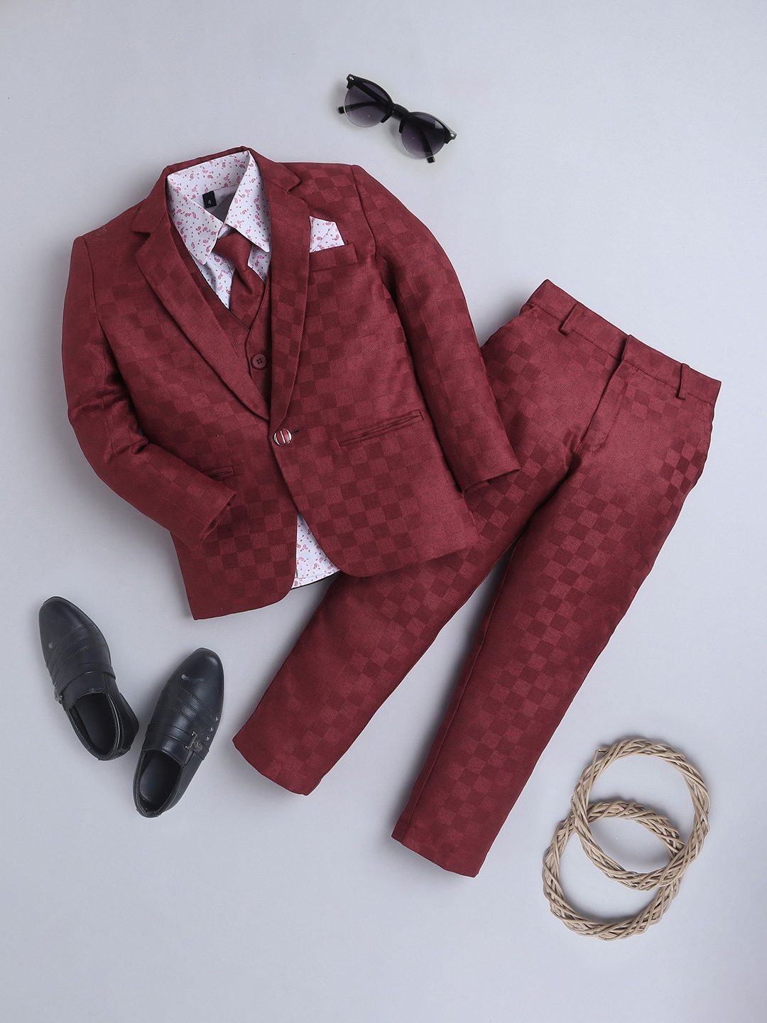 

Jeetethnics Infant Boys Checked Single-Breasted Four-Piece Party Suit, Maroon