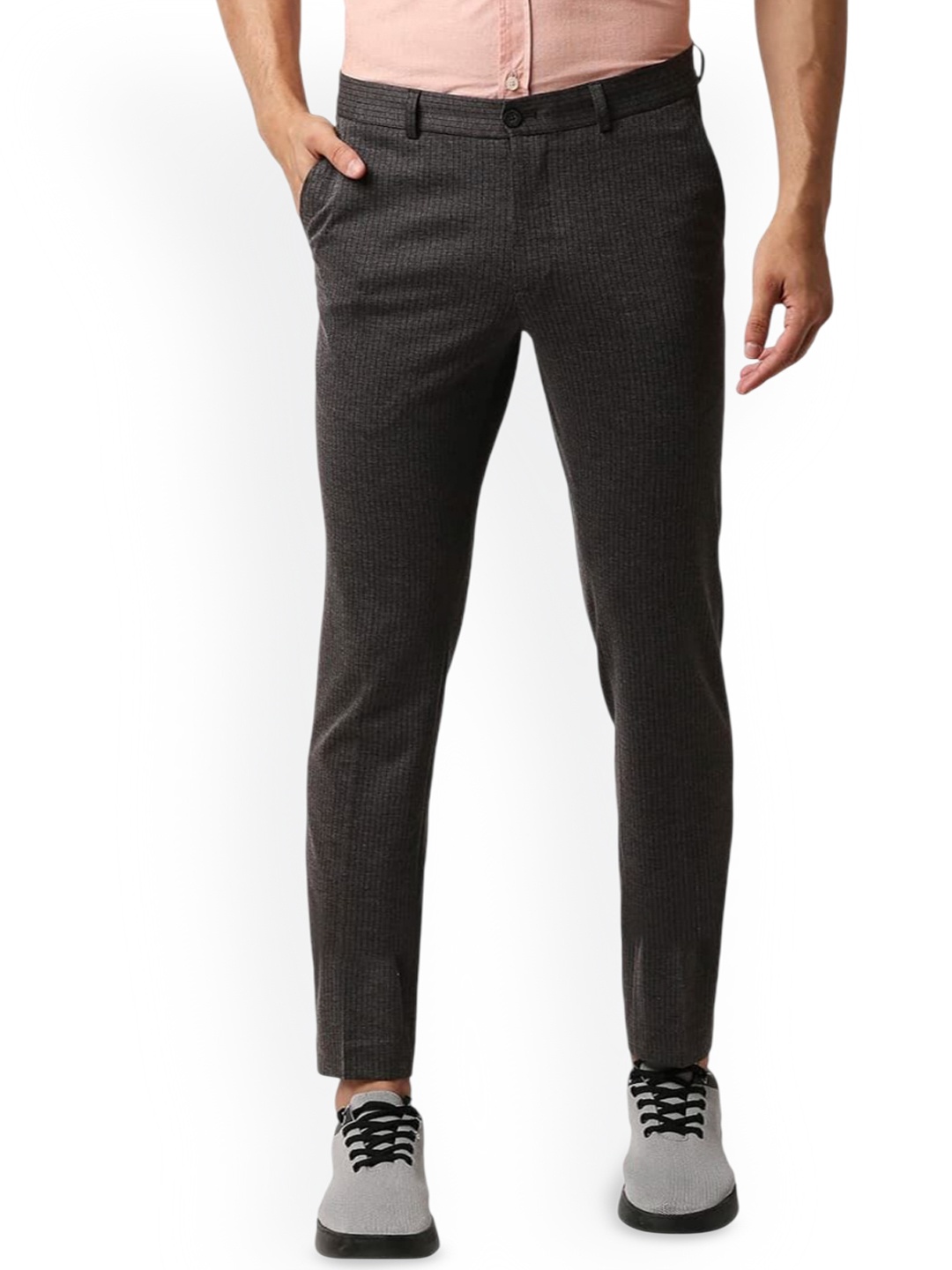 

Basics Men Striped Tapered Fit Low-Rise Trousers, Grey