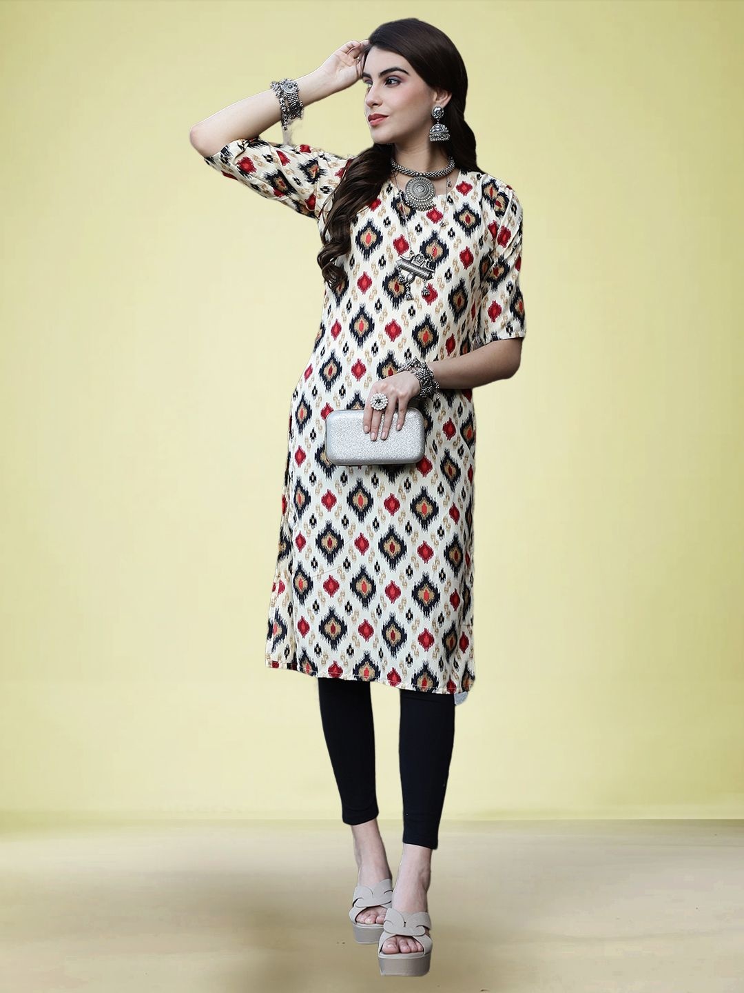 

Moda Rapido Ethnic Motifs Printed Round Neck Straight Kurta, Cream