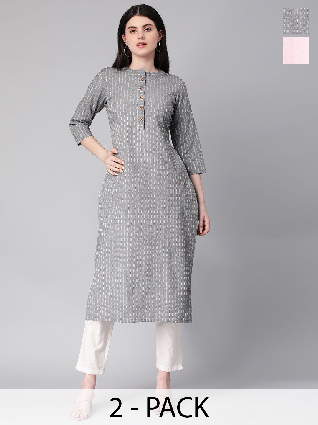 

KALINI Selection Of 2 Striped Round Neck Straight Kurtas, Grey