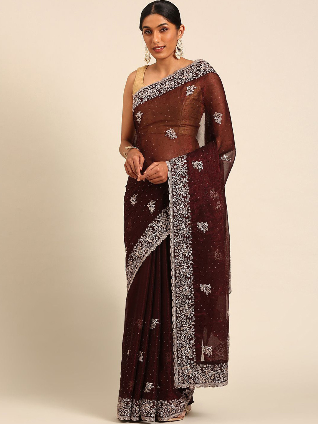

Panzora Floral Embroidered Designer Saree, Brown