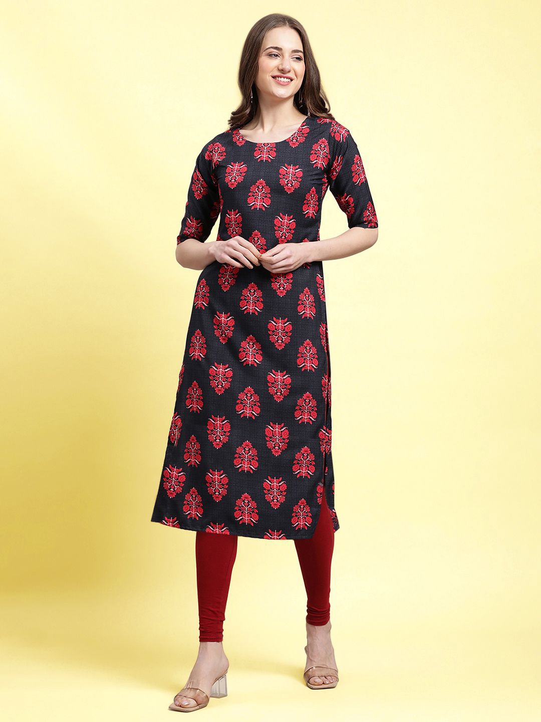 

Moda Rapido Women Ethnic Motifs Printed Round Neck Straight Kurta, Black