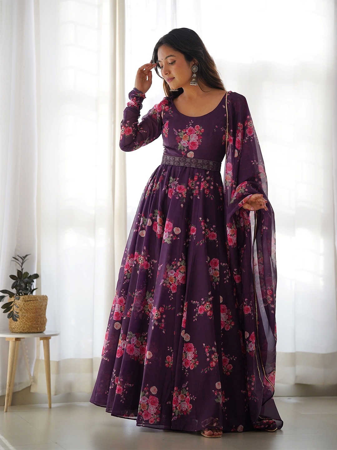 

BAHU PALACE Women Floral Printed Fit & Flare Maxi Ethnic Dresses, Purple