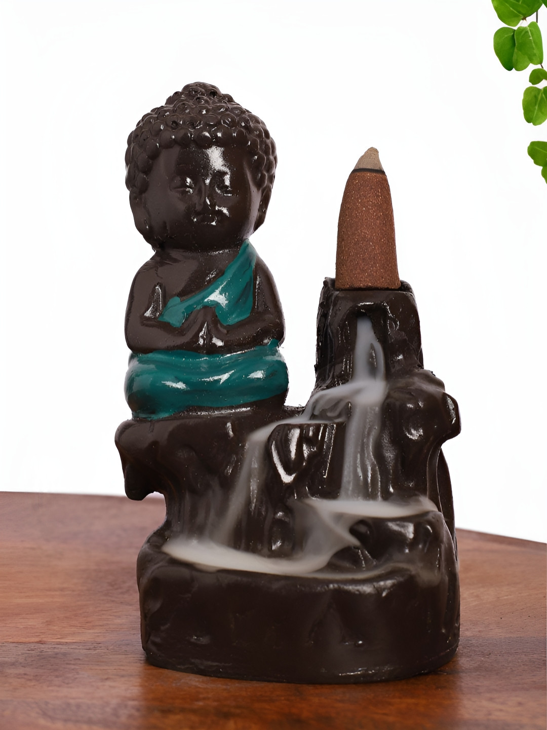 

INTERNATIONAL GIFT Green And Brown Prayer Buddha Smoke Fountain Idol Showpiece
