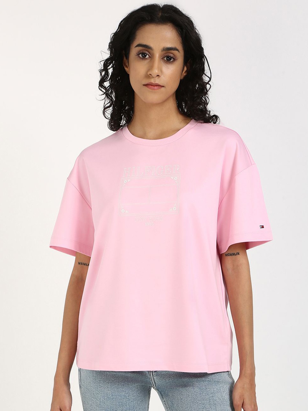 

Tommy Hilfiger Women Typography Printed Round Neck Cotton Relaxed Fit T-shirt, Pink