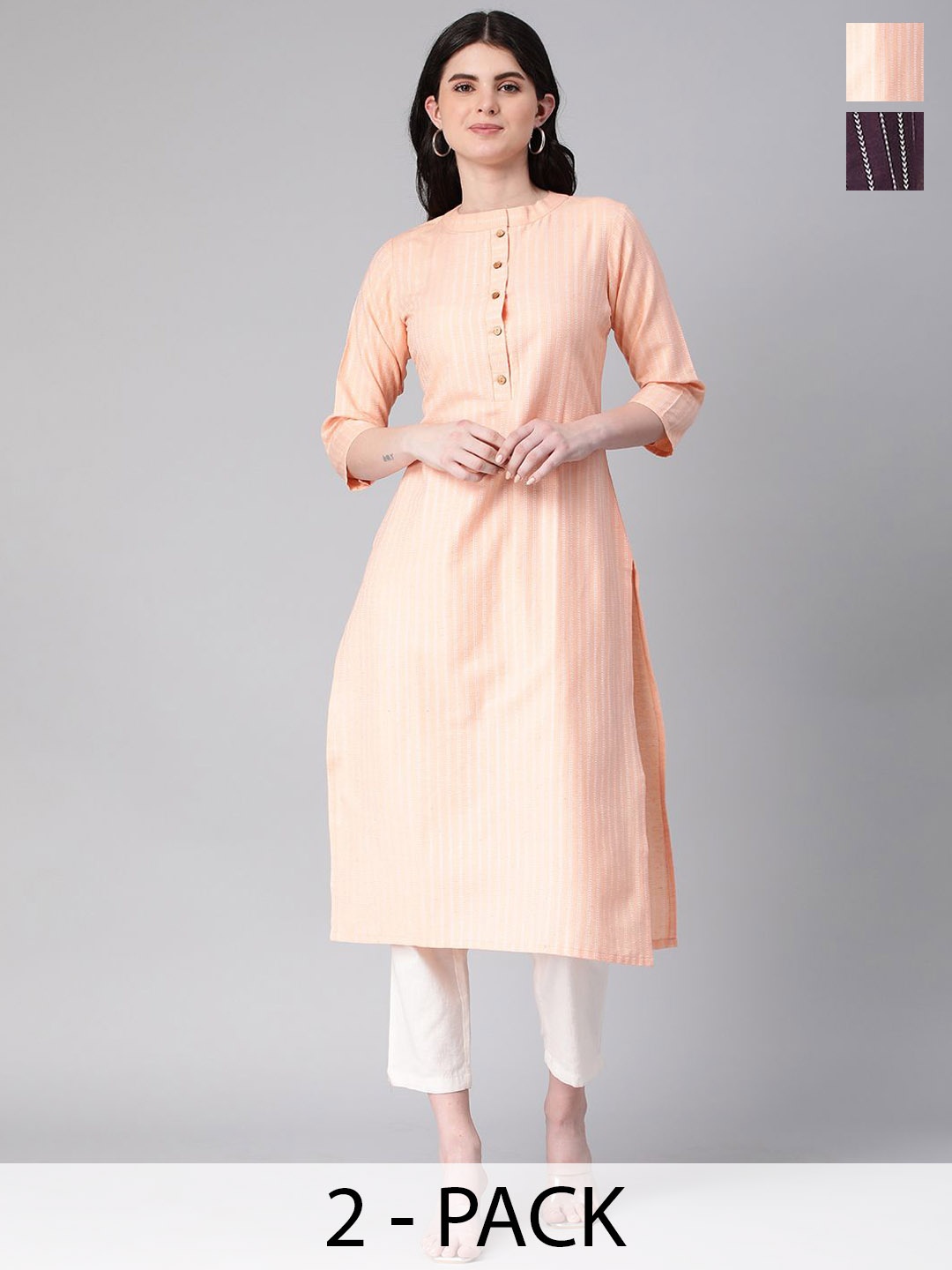 

KALINI Selection Of 2 Striped Mandarin Collar Cotton Straight Kurtas, Violet