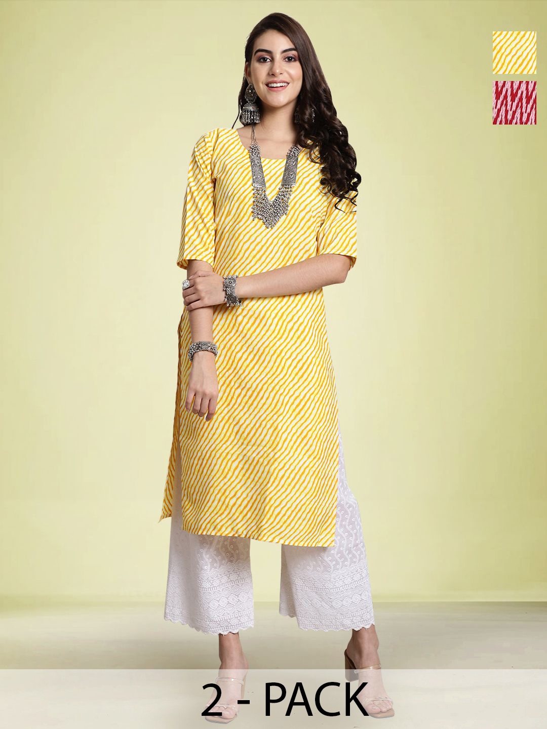 

Moda Rapido Selection Of 2 Leheriya Printed Round Neck Straight Kurtas, Yellow