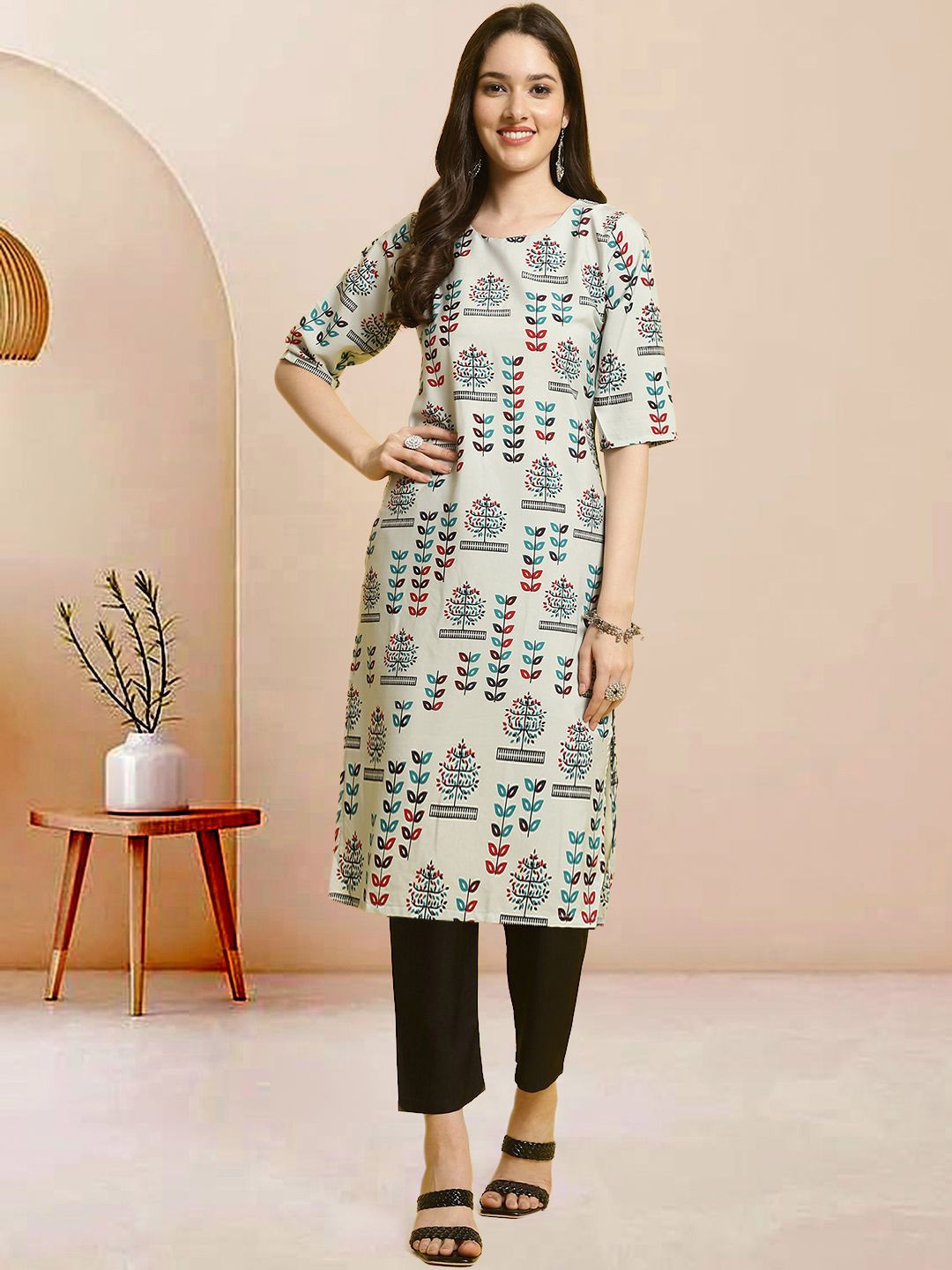 

Moda Rapido Women Floral Printed Regular Kurta with Trousers, Grey