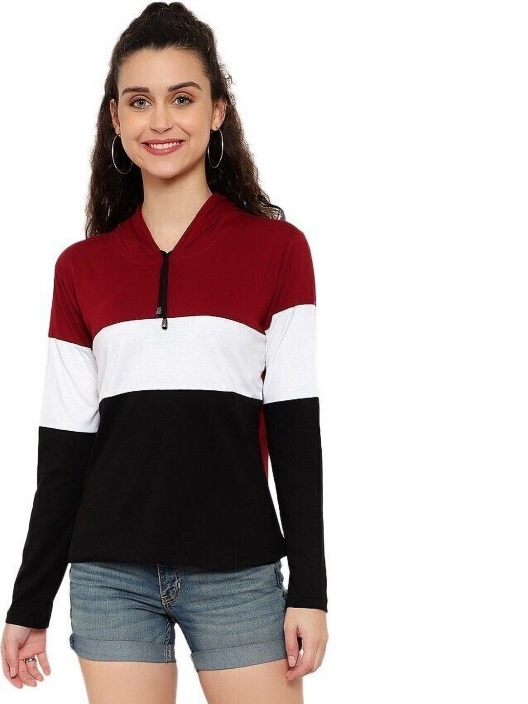 

DEEPMAYRA COLLECTION Women Colourblocked Hooded Cotton T-shirt, Maroon