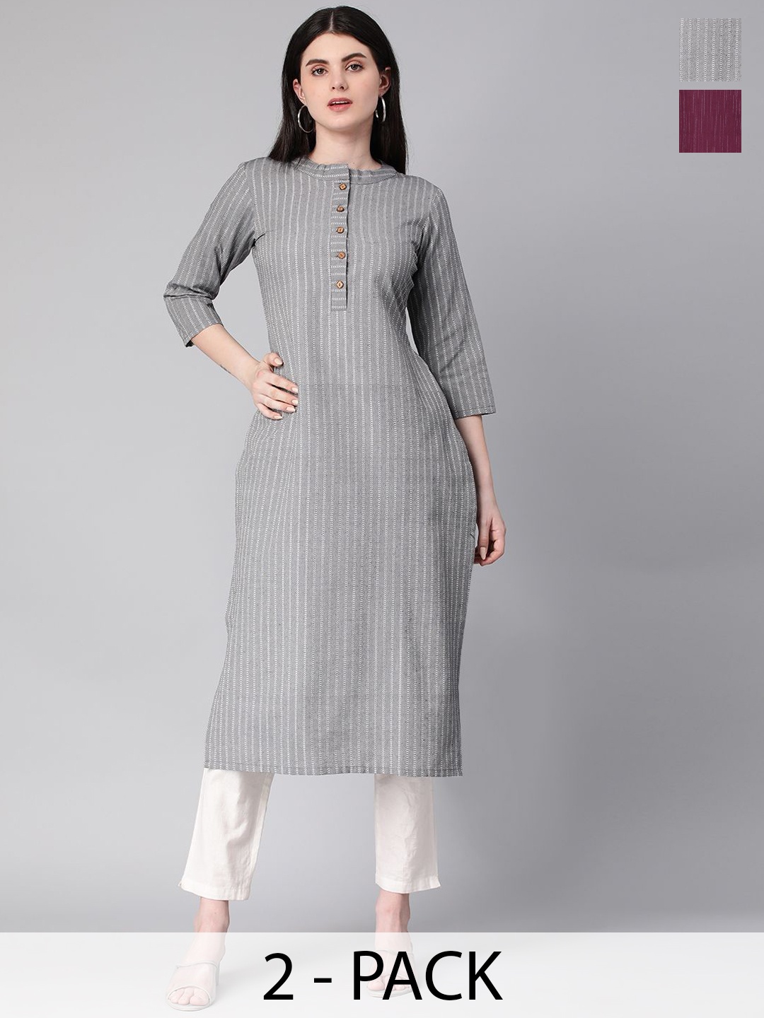 

KALINI Selection Of 2 Striped Band Collar Straight Kurtas, Grey