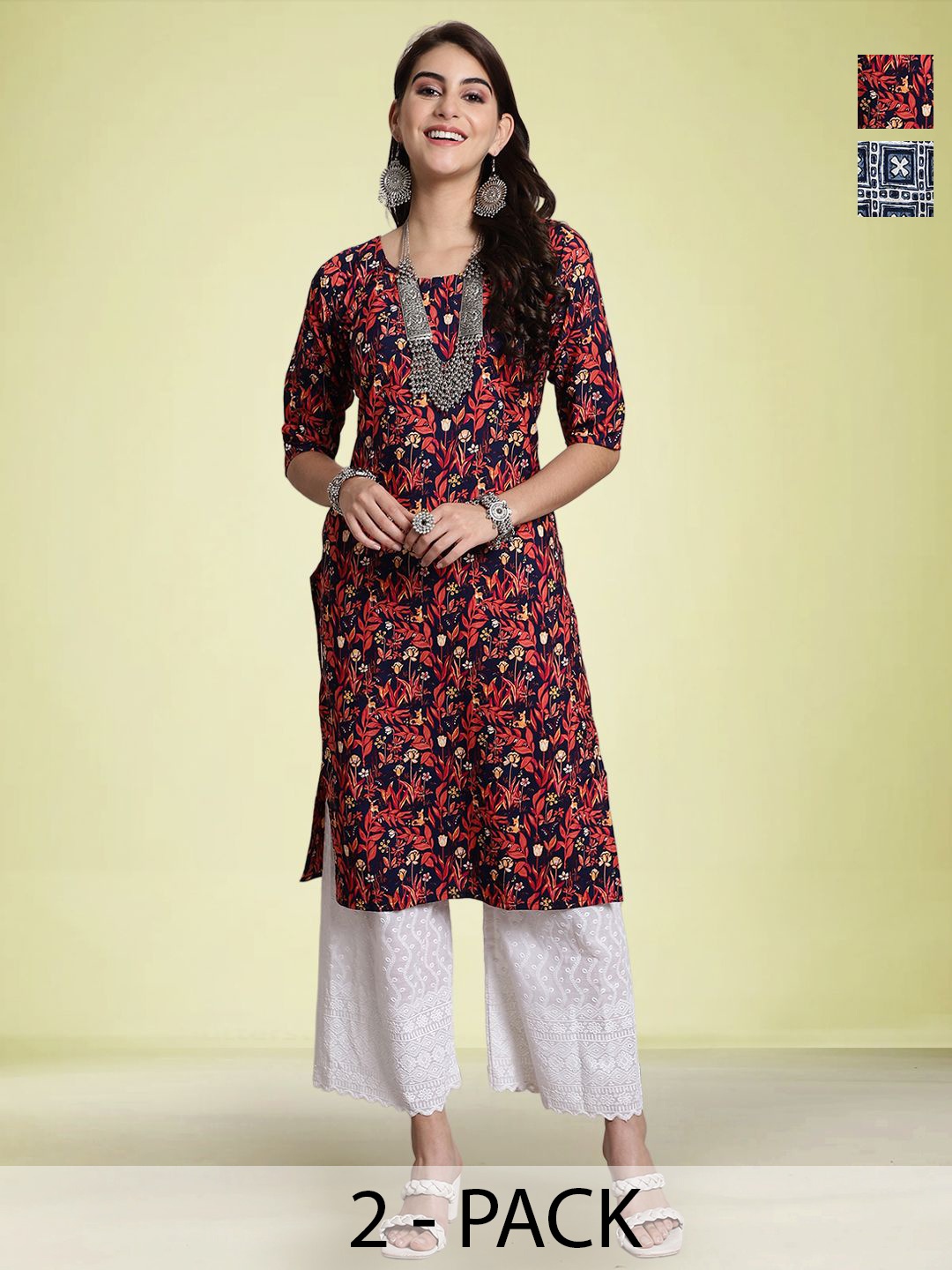 

Moda Rapido Selection Of 2 Floral Printed Round Neck Straight Kurtas, Navy blue