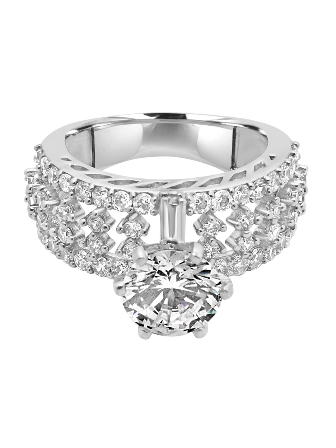 

925 SILLER 925 Sterling Silver Rhodium-Plated Cubic Zirconia-Studded Finger Ring