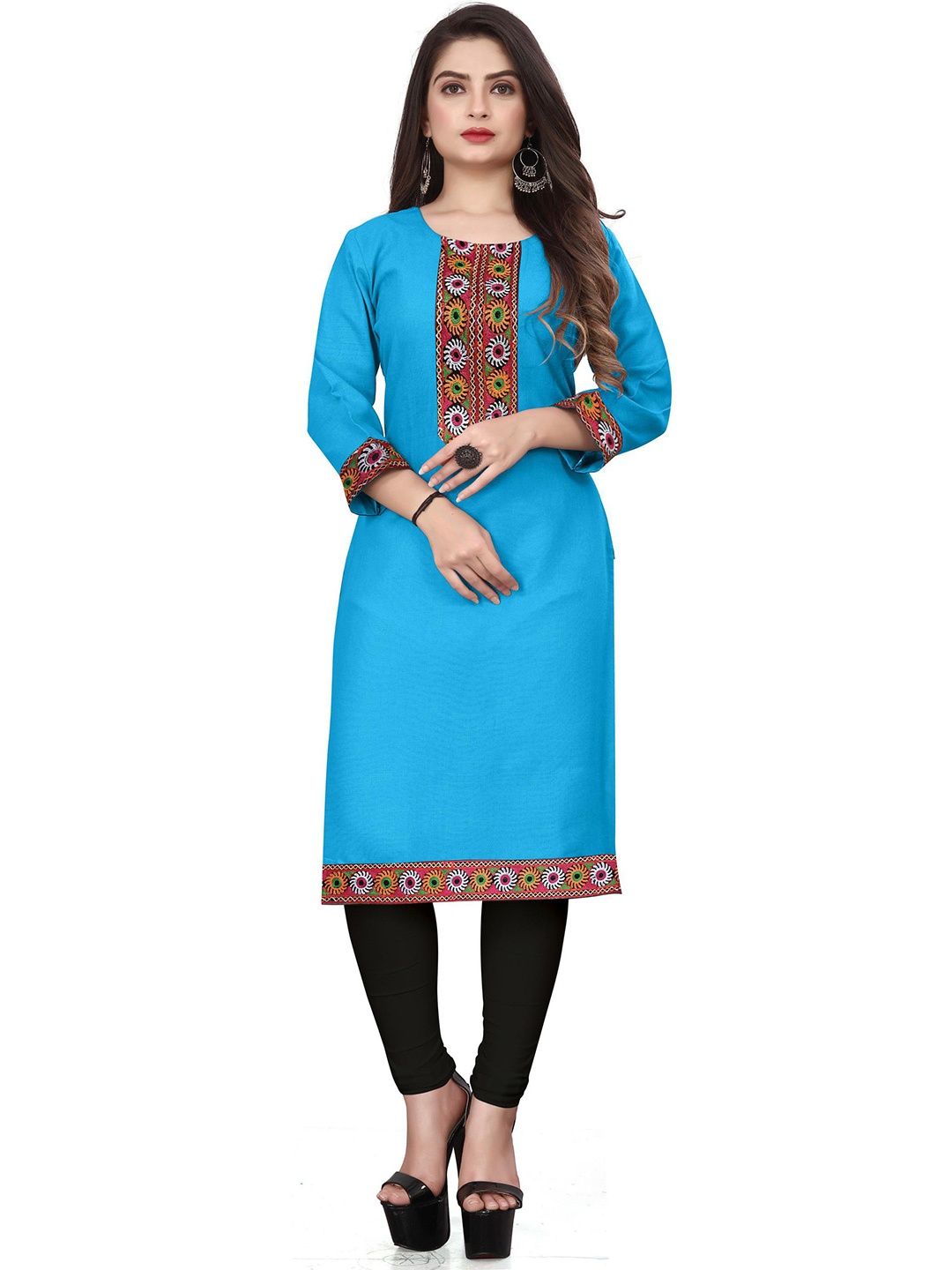 

HF HOLYDAY FASHION Ethnic Motifs Embroidered Round Neck Straight Kurta, Blue