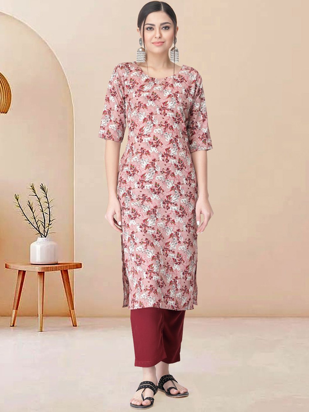 

Moda Rapido Women Floral Printed Regular Kurta with Trousers, Peach