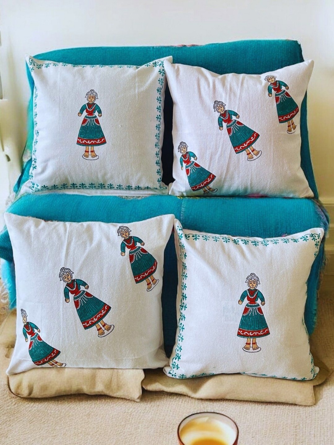 

PLAYFUL STITCHES White & Blue Set of 4 Ethnic Motifs Square Cushion Covers