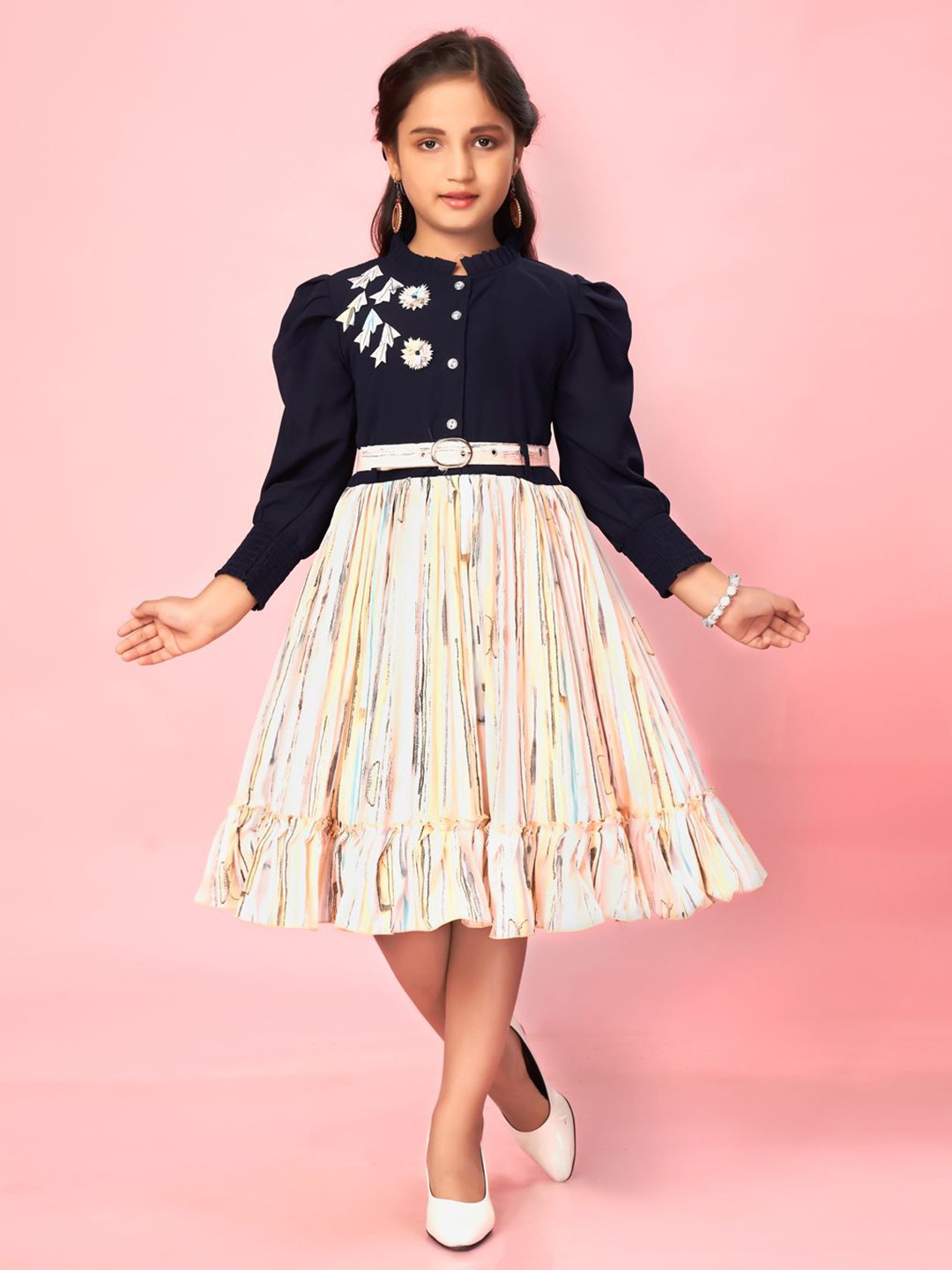 

HERE&NOW Girls Striped Fit & Flare Knee Length Dress, Peach