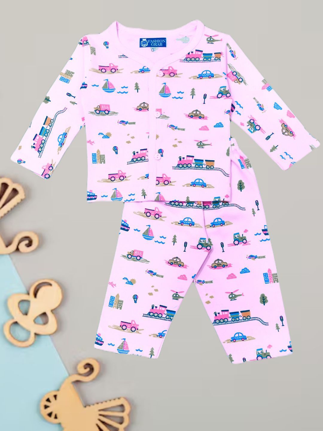 

FASHION GRAB Infants Printed Pure Cotton Shirt With Trouser, Pink