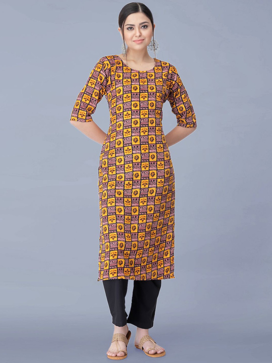 

Moda Rapido Ethnic Motifs Printed Round Neck Straight Kurta With Trousers, Yellow