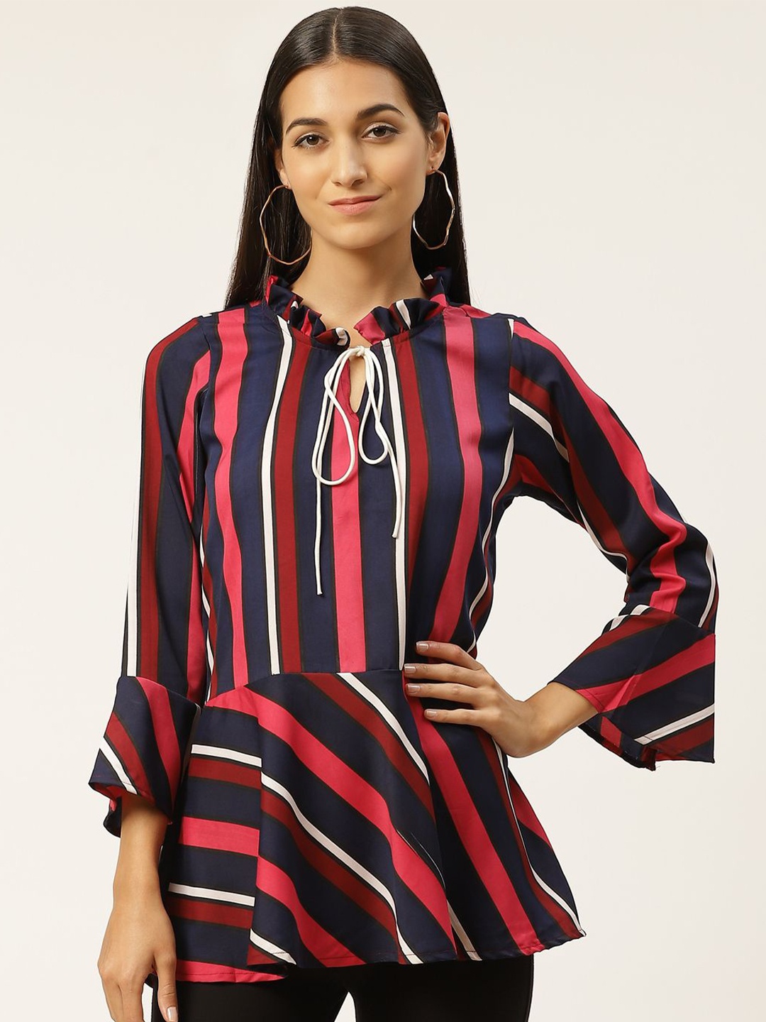 

VYMO Embellished Striped Mandarin Collar Top, Multi