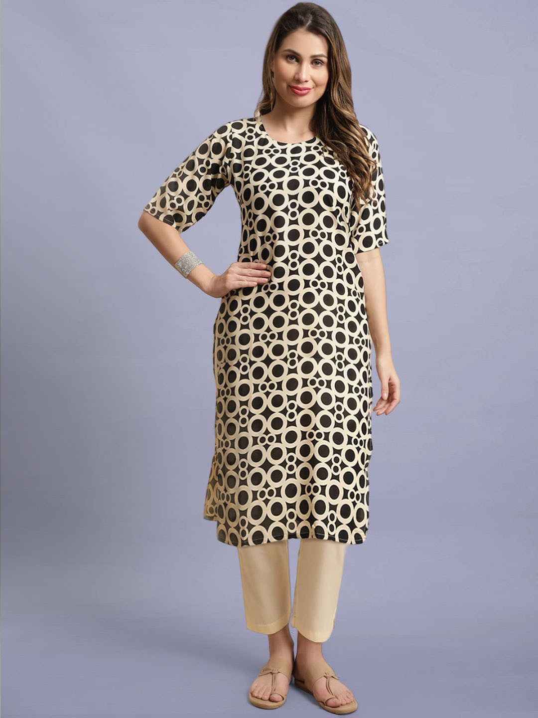 

Moda Rapido Geometric Printed Round Neck Straight Kurta With Trousers, Black