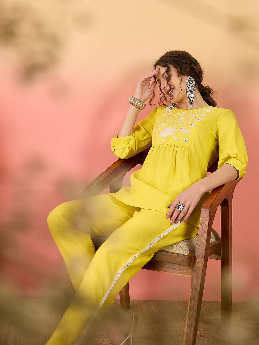 

Sangria Yellow Floral Embroidered Mirror Work Puff Sleeves Tunic And Trouser