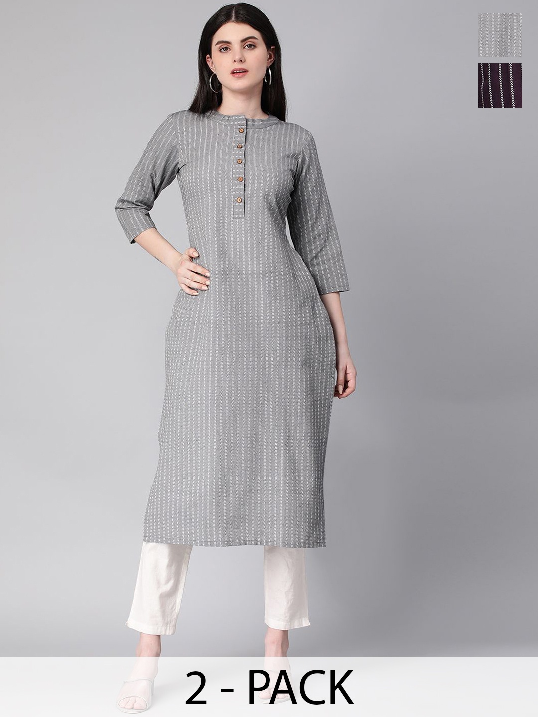 

KALINI Selection Of 2 Striped Round Neck Straight Kurtas, Violet