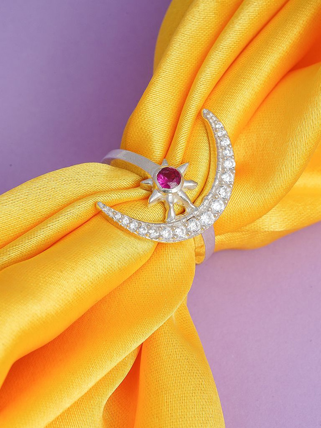 

Zalkari Moon style 925 Sterling Silver-Plated Cubic Zirconia Studded Finger Ring