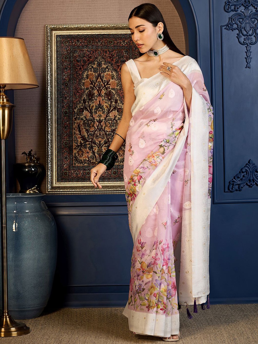 

Mitera Floral Woven Design Zari Muga Saree, Mauve