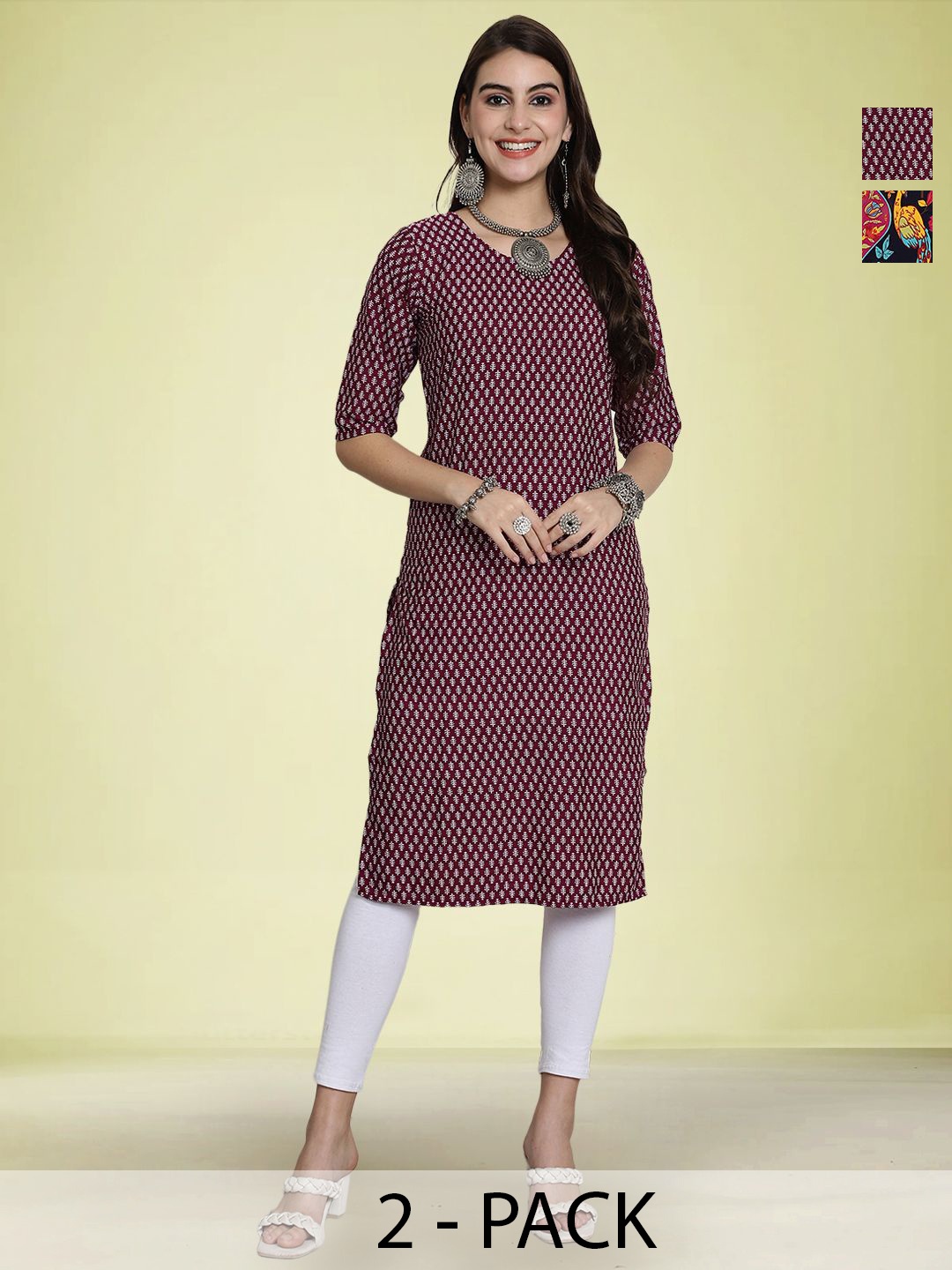 

Moda Rapido Selection Of 2 Floral Printed Round Neck Straight Kurtas, Maroon