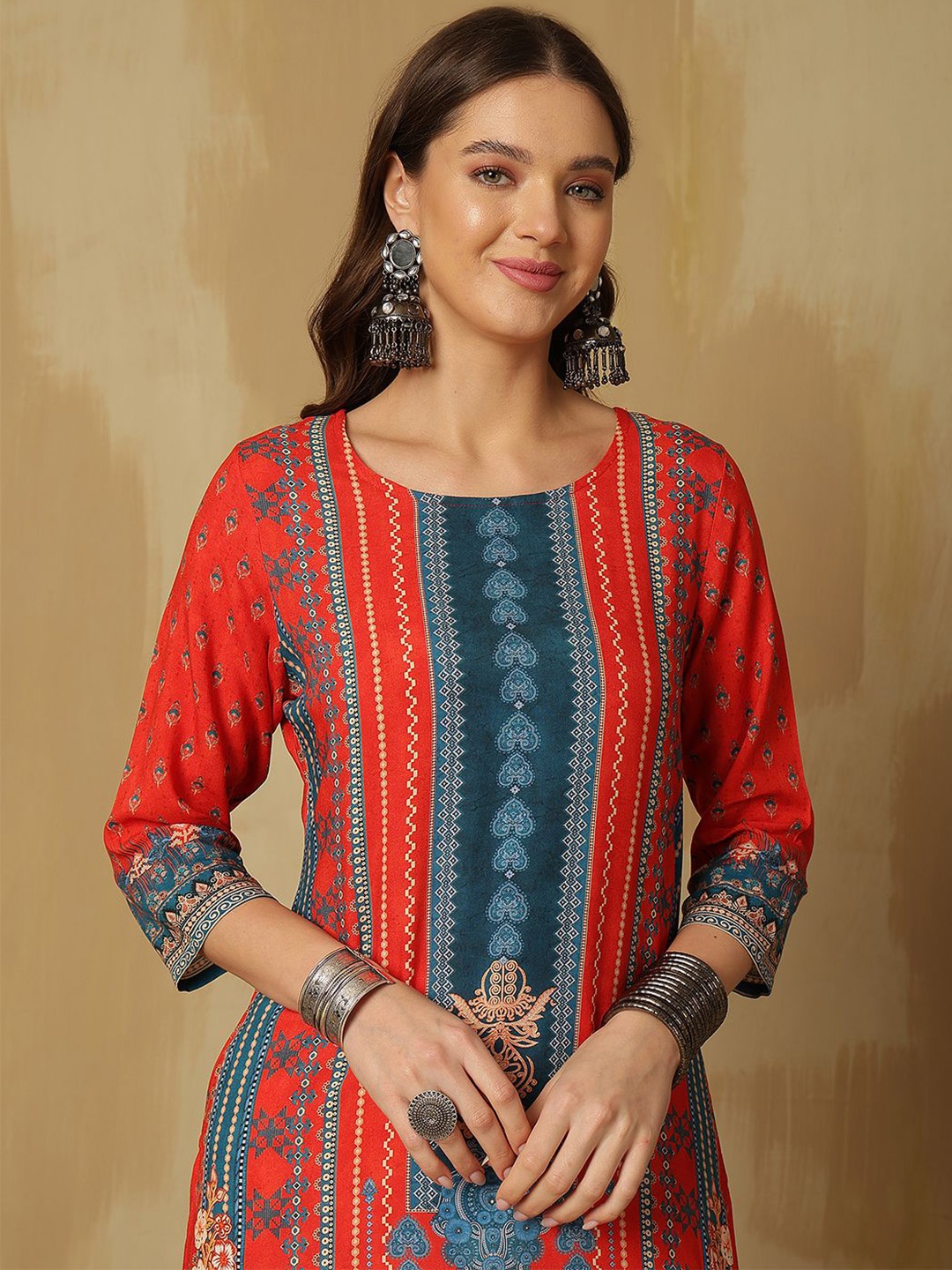 

Anouk Red Ethnic Motifs Printed Round Neck A-Line Kurta