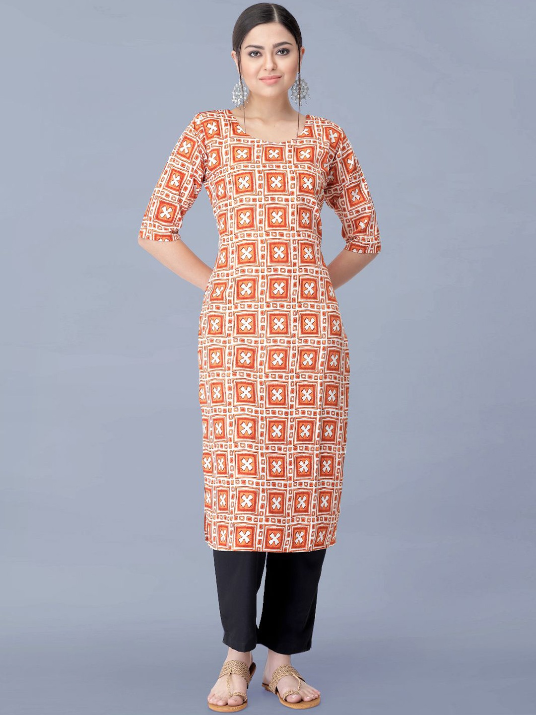 

Moda Rapido Ethnic Motifs Printed Round Neck Straight Kurta With Trousers, Orange