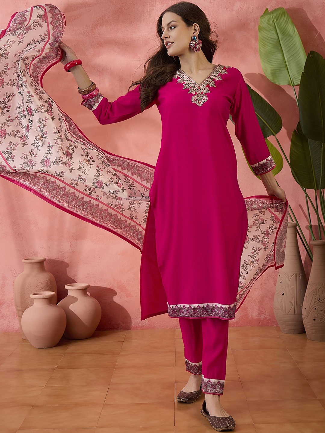 

Sangria Magenta Embroidered Straight Kurta With Trousers And Dupatta