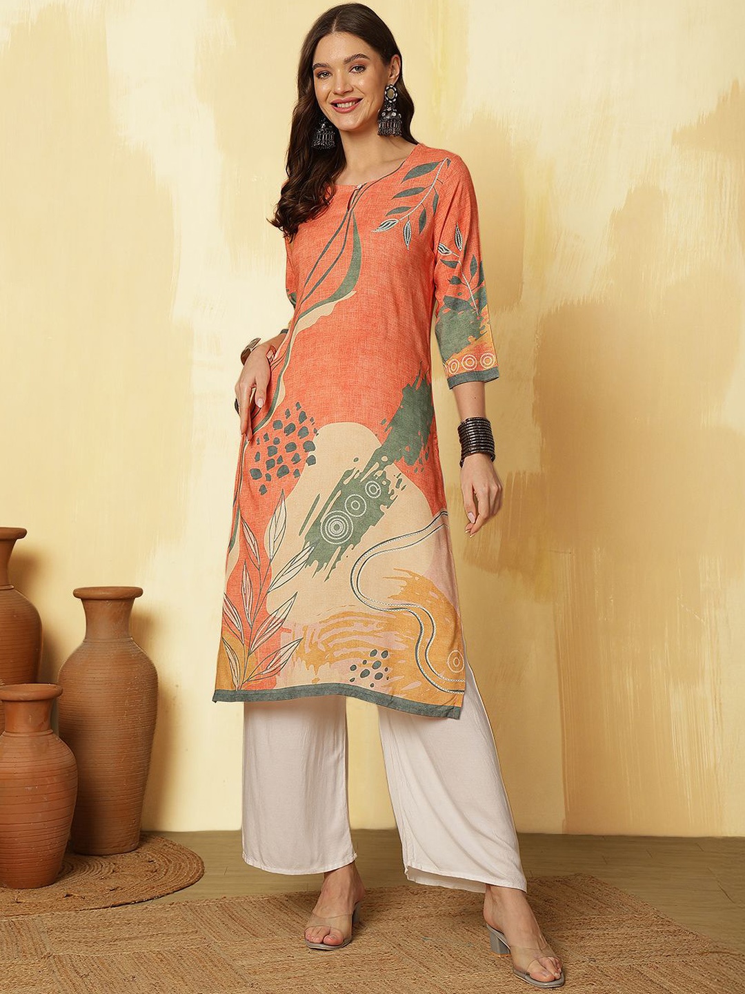 

Anouk Orange Abstract Printed Keyhole Neck Straight Kurta