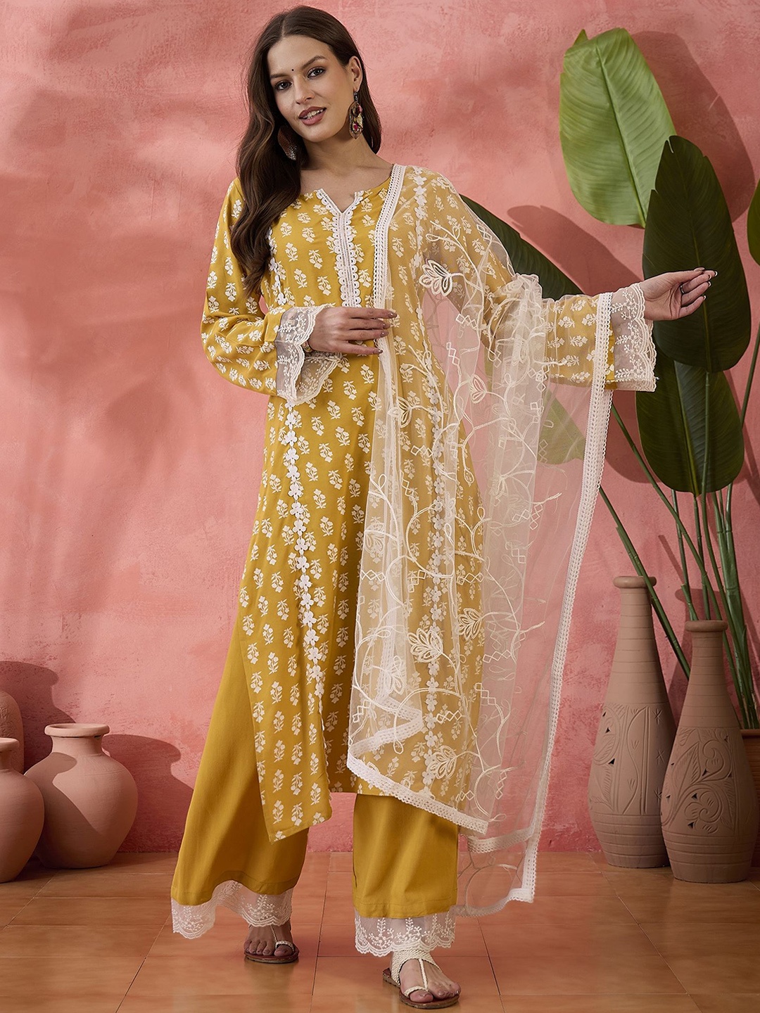 

Sangria Yellow Floral Printed Notch Neck Straight Kurta With Palazzos And Dupatta