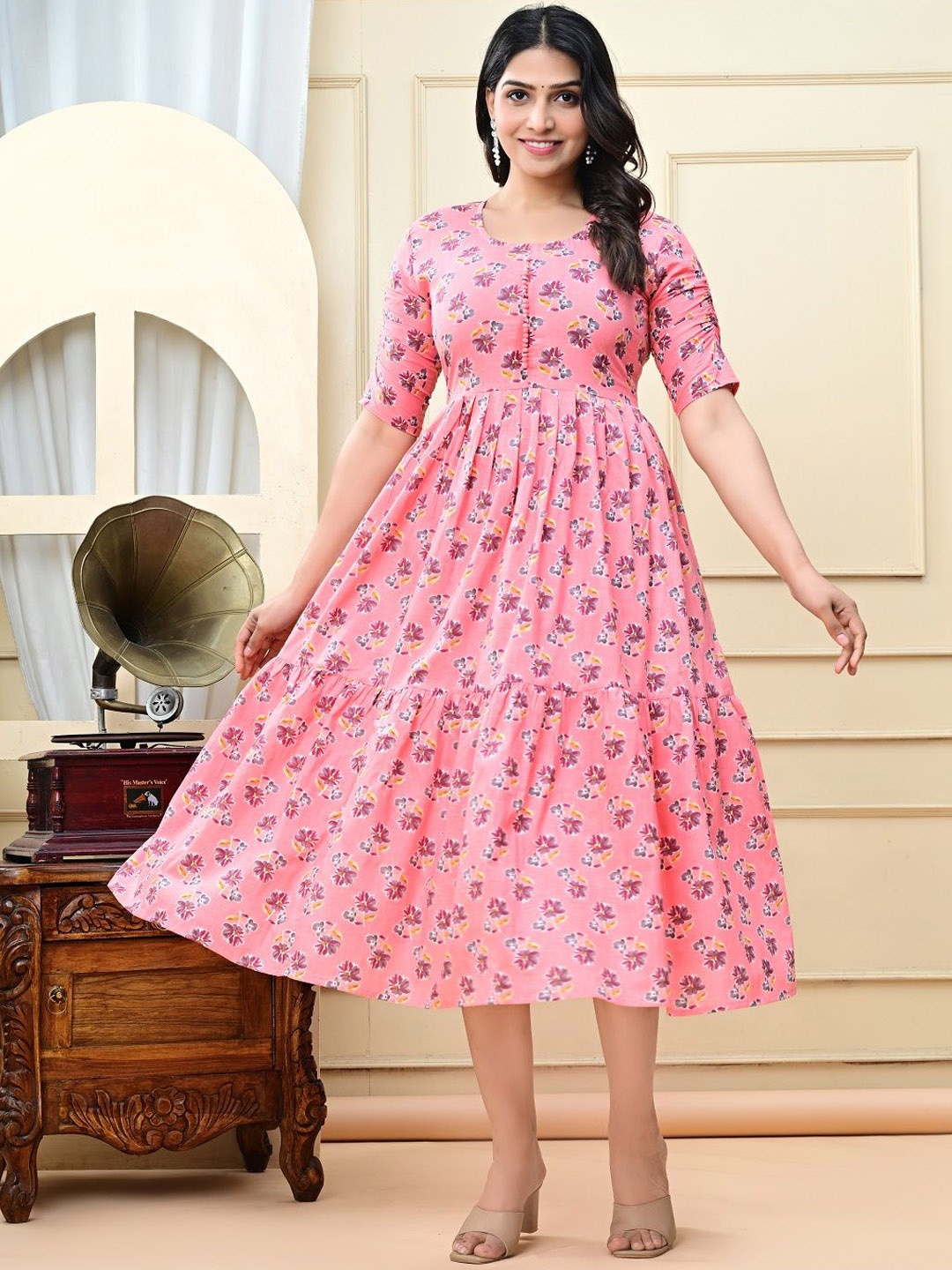 

Aasira Floral Printed Round Neck A-Line Ethnic Dress, Pink