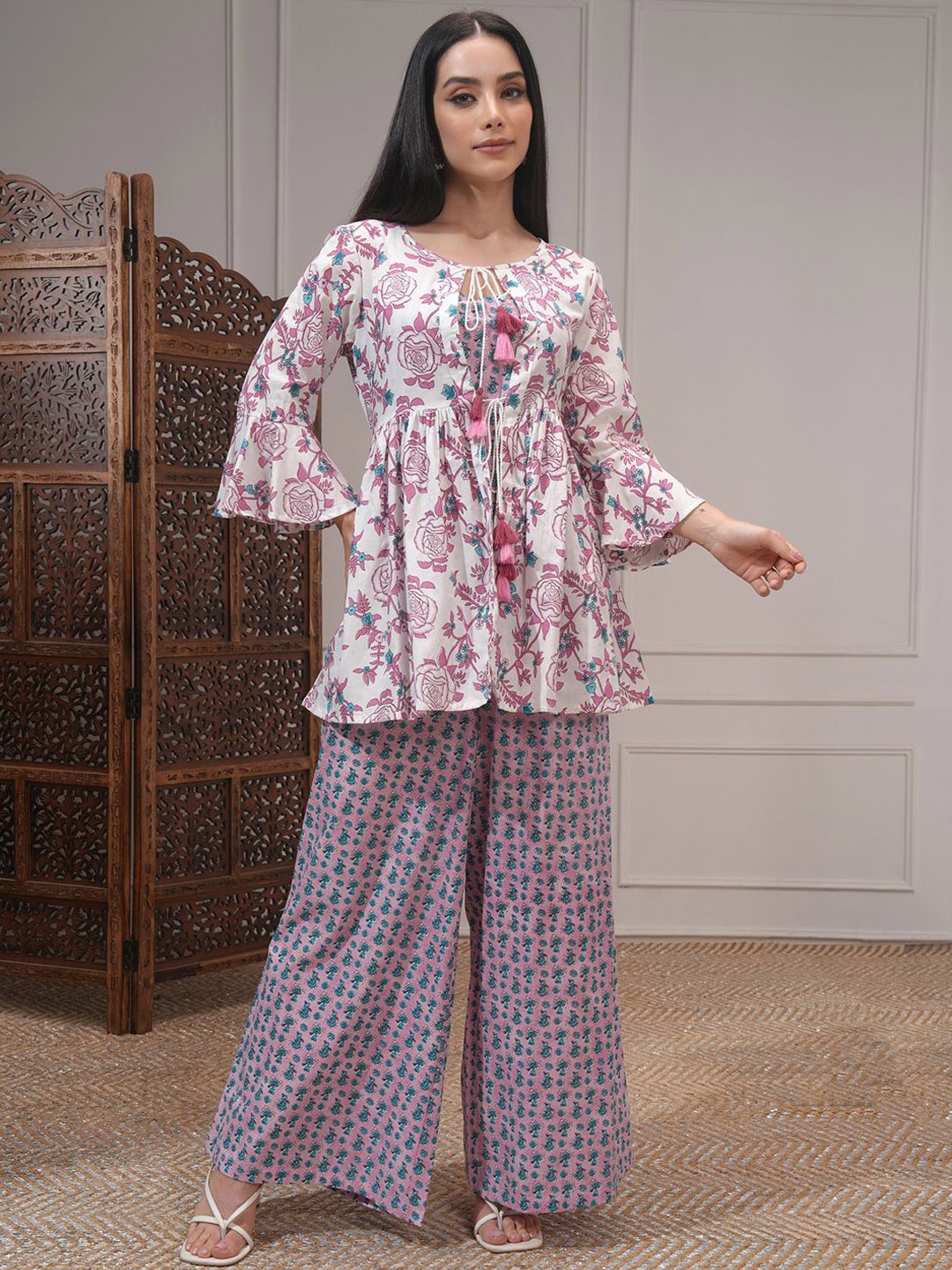 

Vishudh Printed Pure Cotton Tunic With Palazoo Co-Ords, Mauve