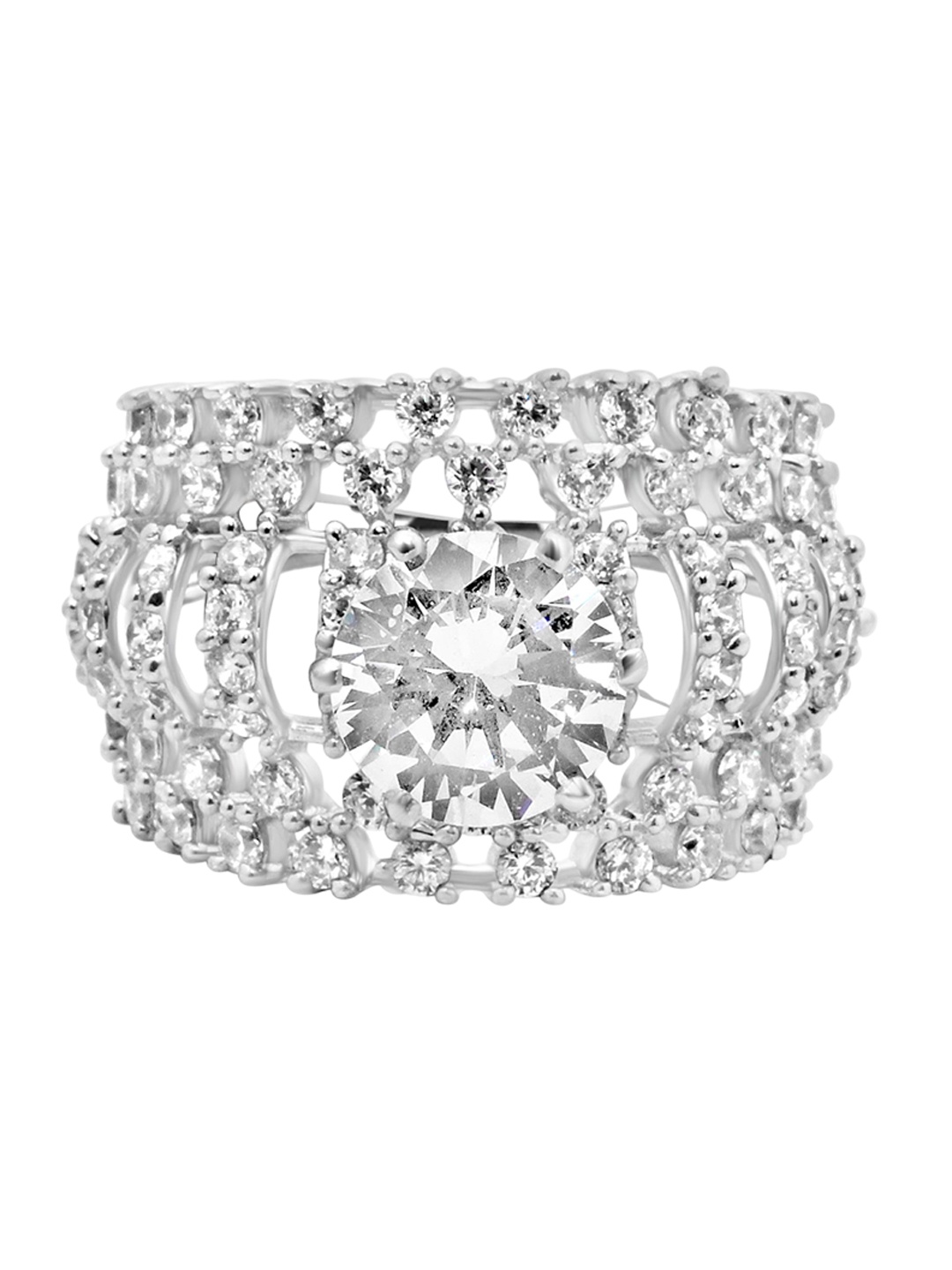 

925 SILLER 925 Sterling Silver Rhodium-Plated Cubic Zirconia-Studded Finger Ring