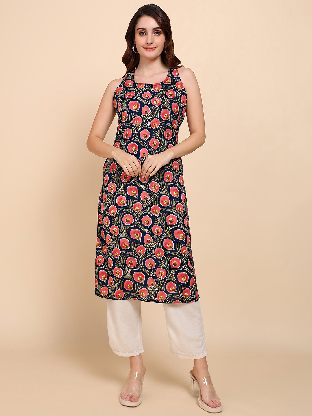 

Label Ceres Floral Printed Sleeveless Cotton Straight Kurta, Navy blue