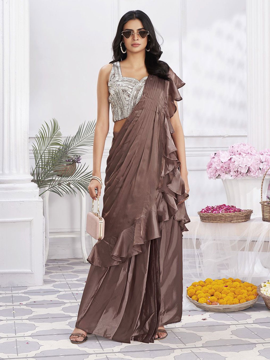 

Krimmple Pure Silk Ready to Wear Saree, Brown