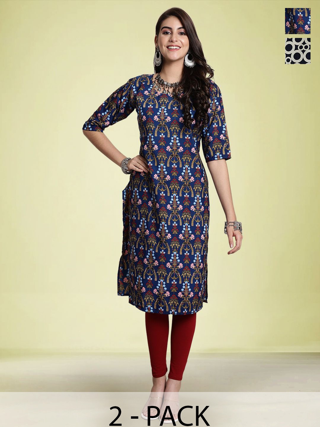 

Moda Rapido Selection Of 2 Floral Printed Round Neck Straight Kurtas, Navy blue