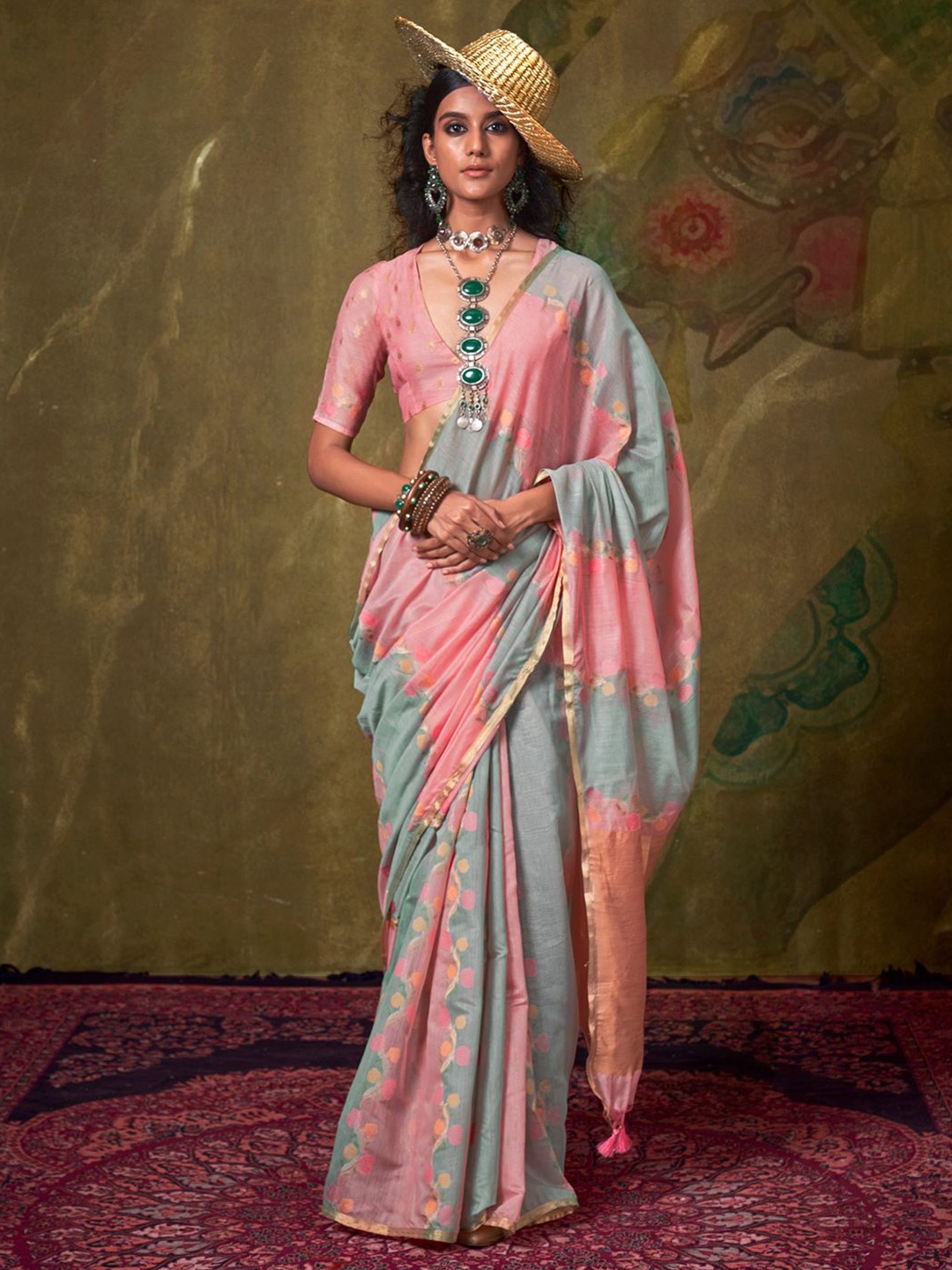 

Mitera Women Floral Woven Design Zari Jamdani Saree, Pink