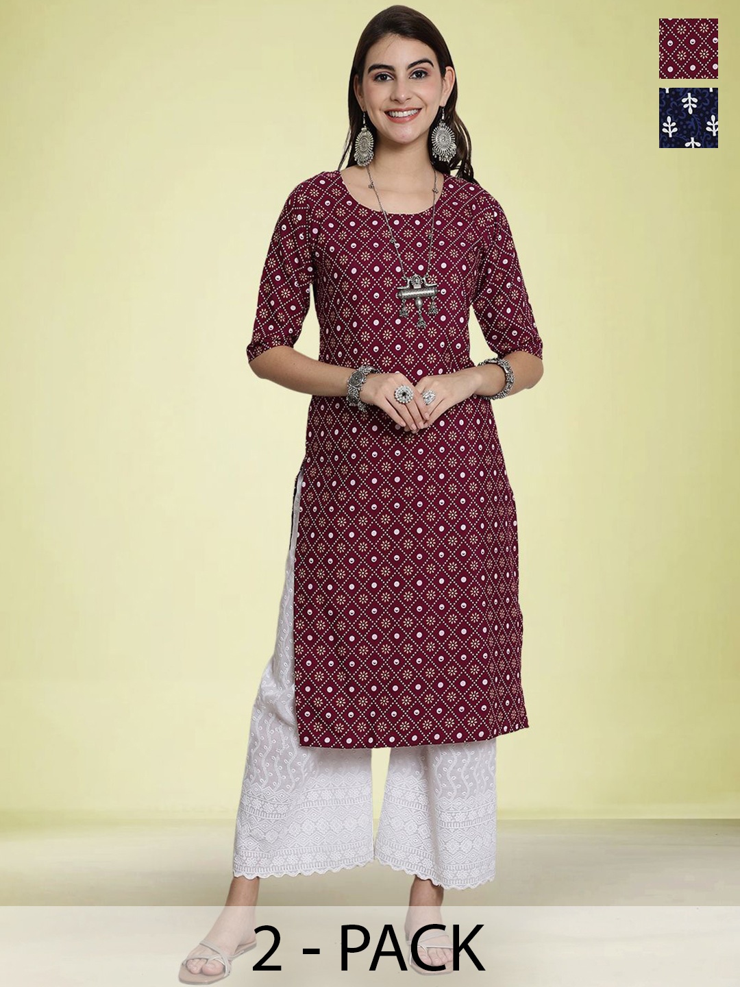 

Moda Rapido Selection Of 2 Floral Printed Round Neck Straight Kurtas, Maroon